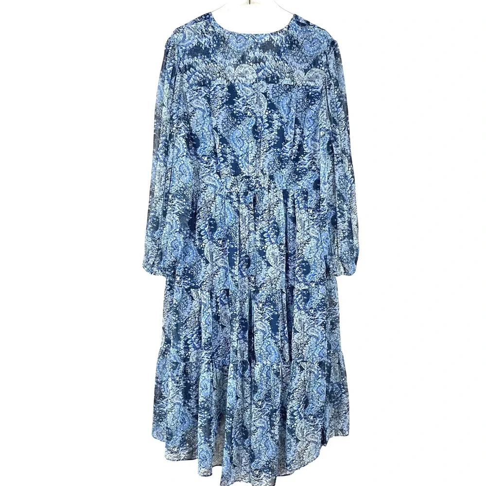 Joie Blue Women Midi XL Abstract Print Tiered Long Sleeve V-Neck High Low Dress